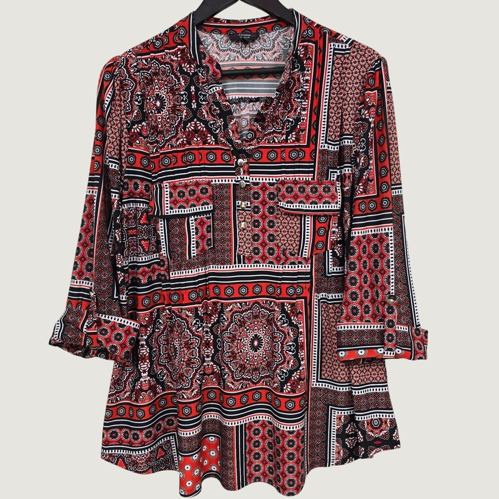 Cocomo Woman Tunic Top Womens 1X Red Patchwork Medallion Roll Tab Sleeve Boho